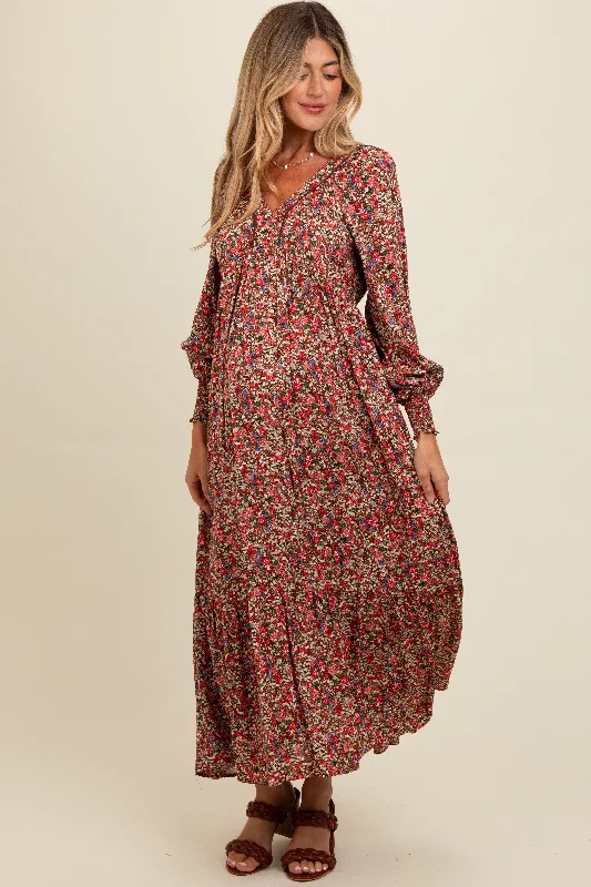 ladies-maxi-dress-asymmetric-awe-Mocha Floral V-Neck Bubble Sleeve Maternity Maxi Dress