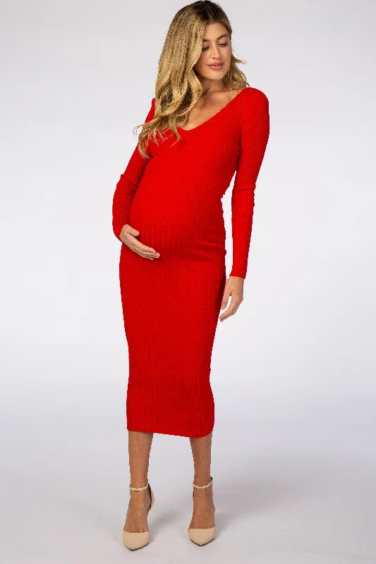 ladies-maxi-dress-solid-sophistication-Red V-Neck Long Sleeve Fitted Maternity Maxi Dress