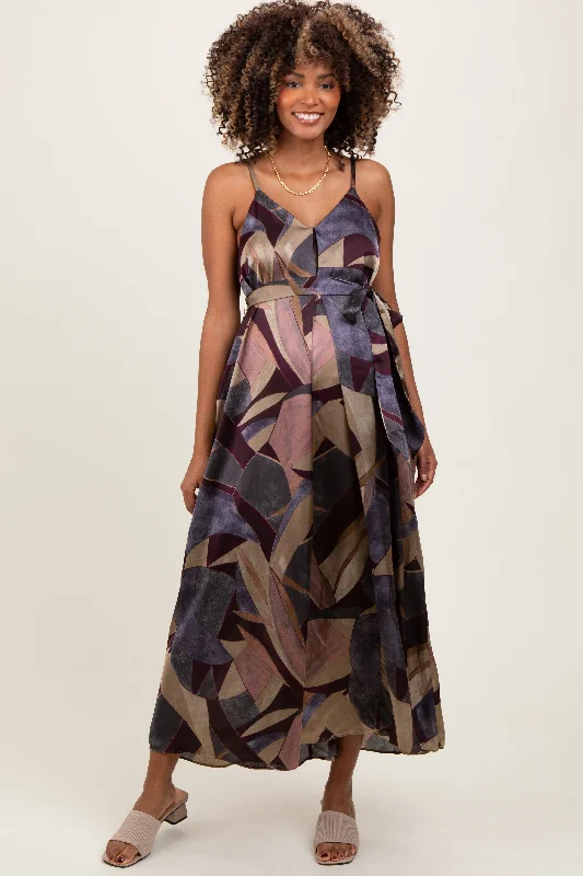 ladies-maxi-dress-feminine-fable-Multicolor Abstract Print Sash Tie Maternity Maxi Dress