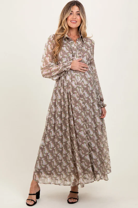 ladies-maxi-dress-turquoise-twirl-Taupe Floral Chiffon Ruffle Accent Button Down Maternity Maxi Dress