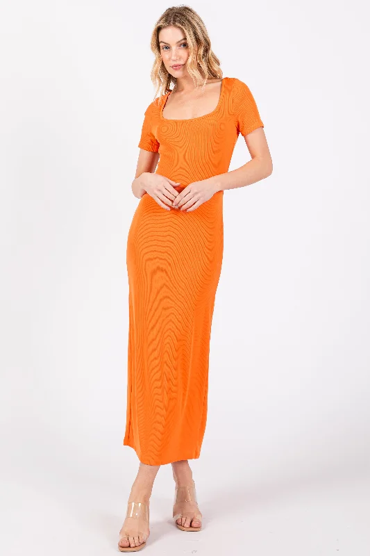 Women's midi dress year flair -Orange Ribbed Fitted Midi Dress