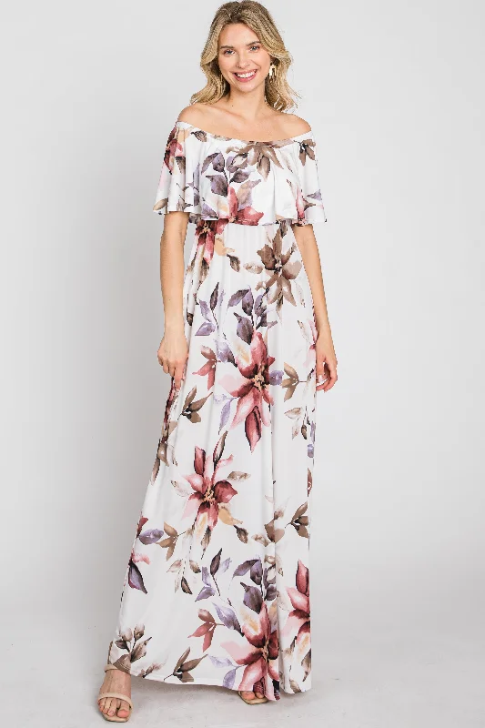 ladies-maxi-dress-geometric-gleam-Ivory Floral Off Shoulder Maxi Dress