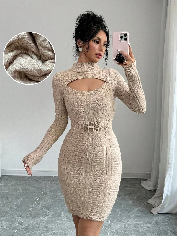 ladies-bodycon-dress-buttoned-bop-Elenzya Autumn Casual Hollow Out Long Sleeve Knitted Bodycon Dress