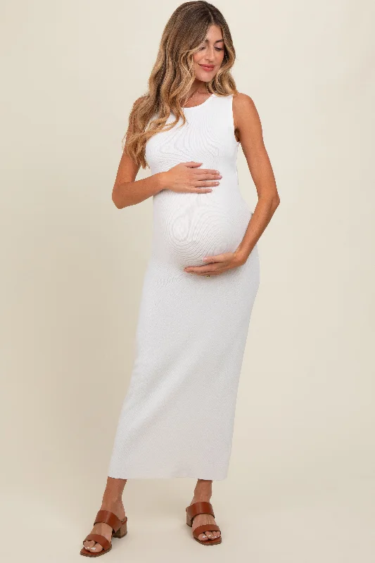 ladies-bodycon-dress-timeless-twirl-Ivory Back Tie Bodycon Maternity Maxi Dress