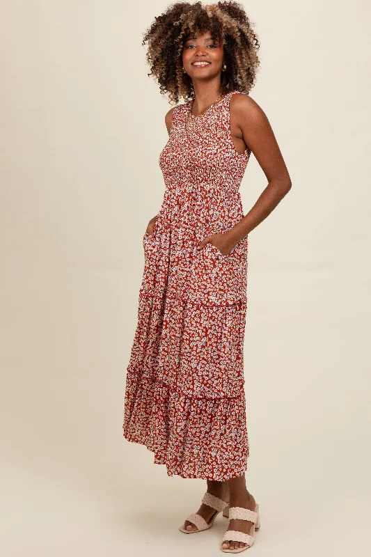 ladies-maxi-dress-black-bliss-Rust Floral Sleeveless Ruffle Tiered Maxi Dress