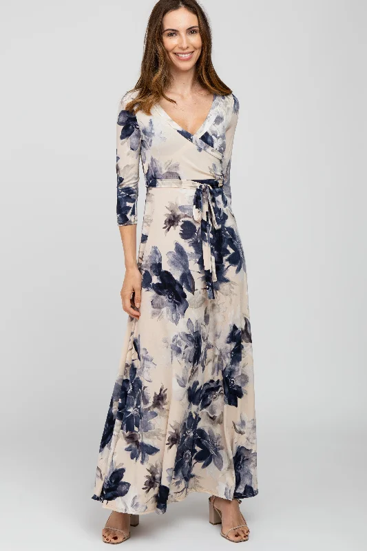 ladies-maxi-dress-bodycon-bliss-Taupe Navy Floral Wrap Maxi Dress