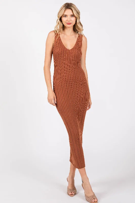 Women's midi dress flash glow -Rust V Neck Sleeveless Knit Midi Dress