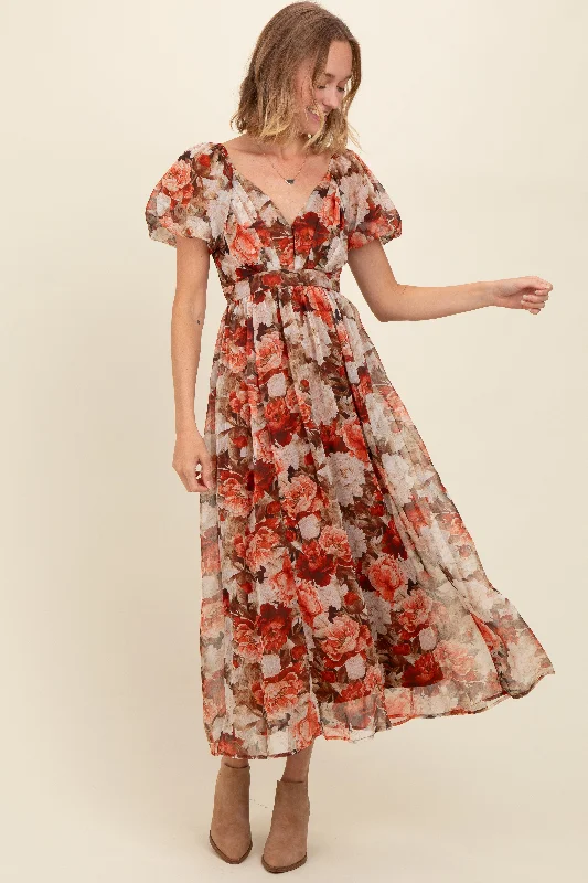 ladies-maxi-dress-tiktok-twirl-Rust Floral Puff Sleeve Maxi Dress