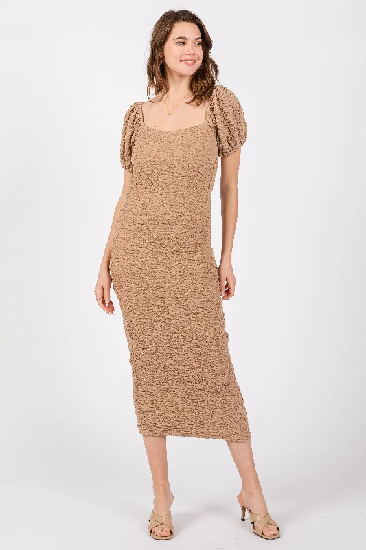 Women's midi dress dim chic -Taupe Textured Square Neck Puff Sleeve Midi Dress