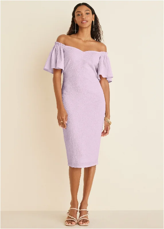 Women's midi dress rim flair -Fluted Satin Midi Dress - Lilac