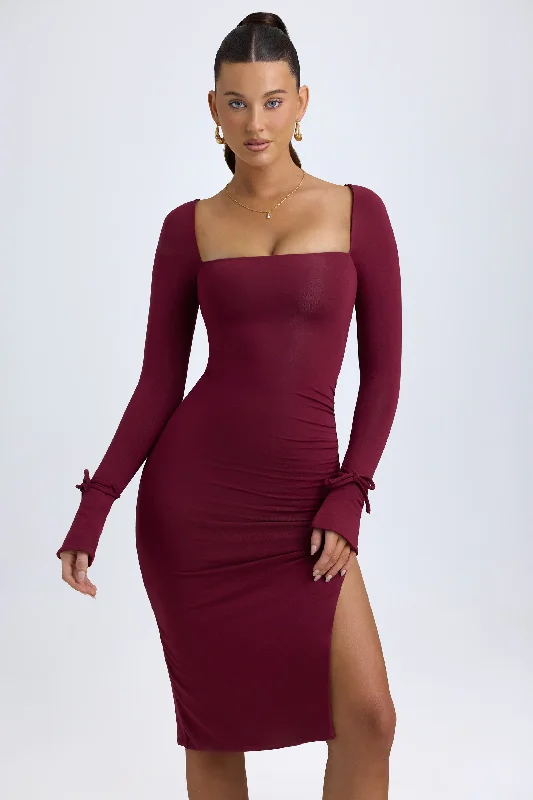 Women's midi dress tug flair -Modal Square-Neck Midi Dress in Wine Red