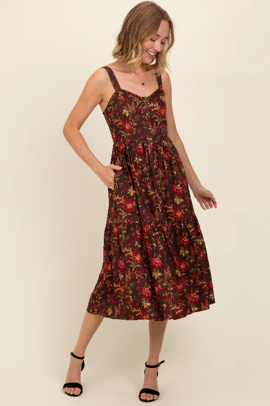 Women's midi dress gloss flair -Brown Floral Sweetheart Neck Button Down Midi Dress