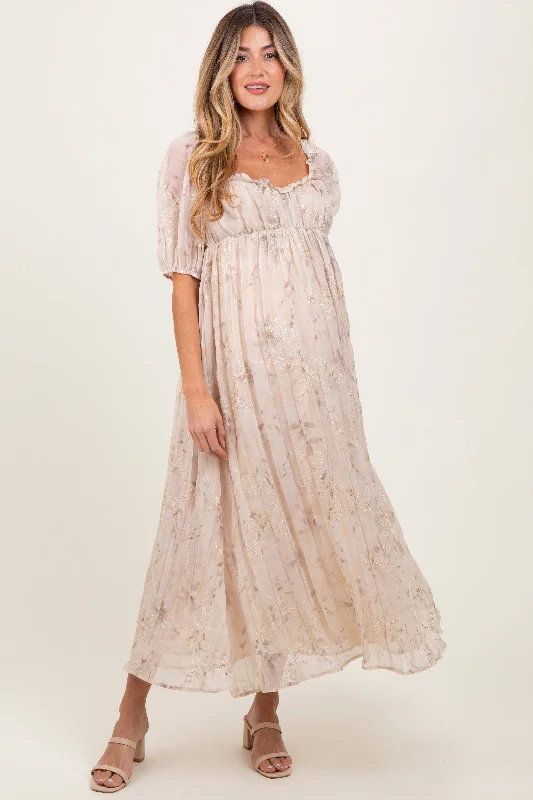 ladies-maxi-dress-elegant-ember-Cream Floral Chiffon Embroidered Ruffle Trim Maternity Maxi Dress