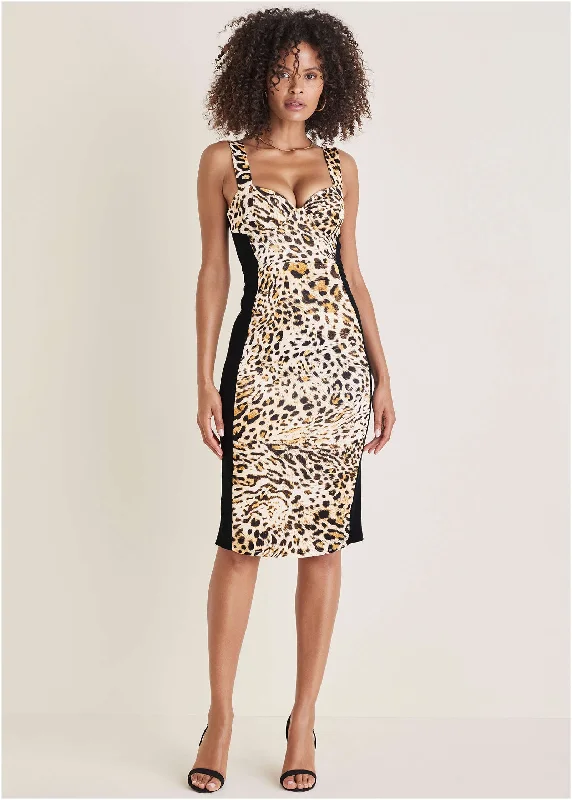 Women's midi dress task chic -Color Blocked Midi Dress - Vintage Leopard