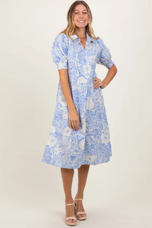 Women's midi dress spin chic -Periwinkle Floral Collared Tiered Midi Dress