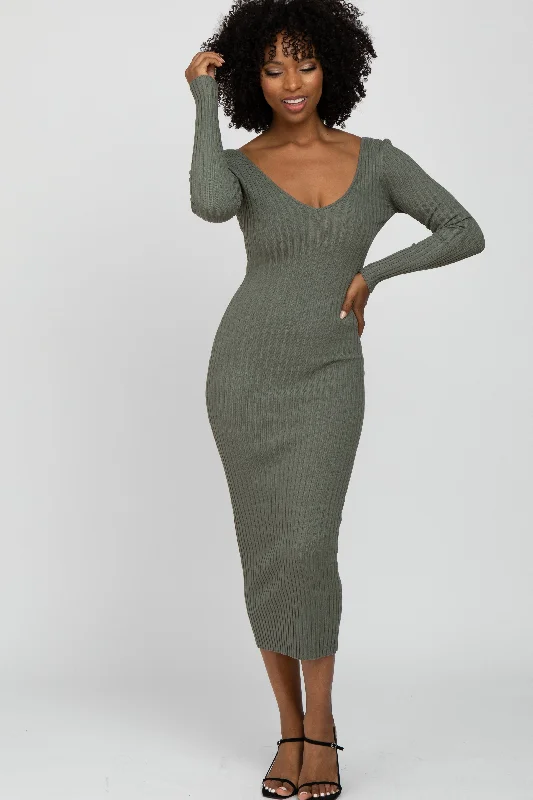 ladies-maxi-dress-feminine-fable-Light Olive V-Neck Long Sleeve Fitted Maxi Dress