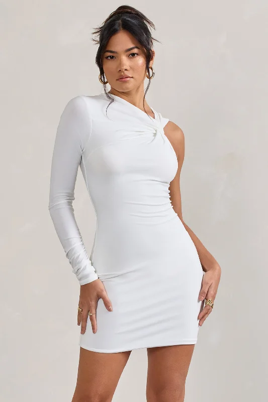 ladies-bodycon-dress-slate-sizzle-Fusion | White Asymmetric Twisted Bodycon Mini Dress