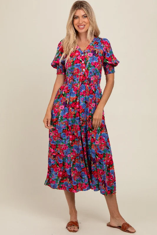 Women's midi dress peek flair -Blue Floral Smocked Waist Midi Dress