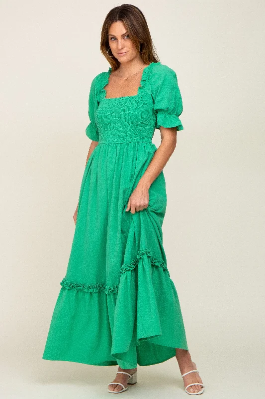 ladies-maxi-dress-sporty-sweep-Green Puff Sleeve Ruffle Accent Maxi Dress