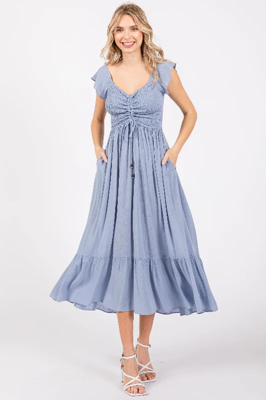 ladies-maxi-dress-floor-length-fable-Light Blue Smocked Ruched Ruffle Hem Maxi Dress