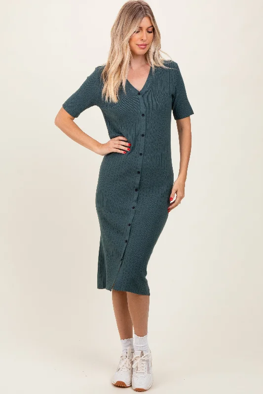 Women's midi dress boom chic -Forest Green Button Down Sweater Midi Dress