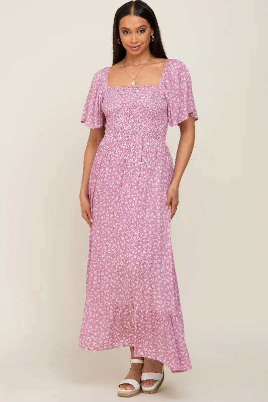 Women's midi dress dawn flair -Pink Floral Smocked Midi Dress