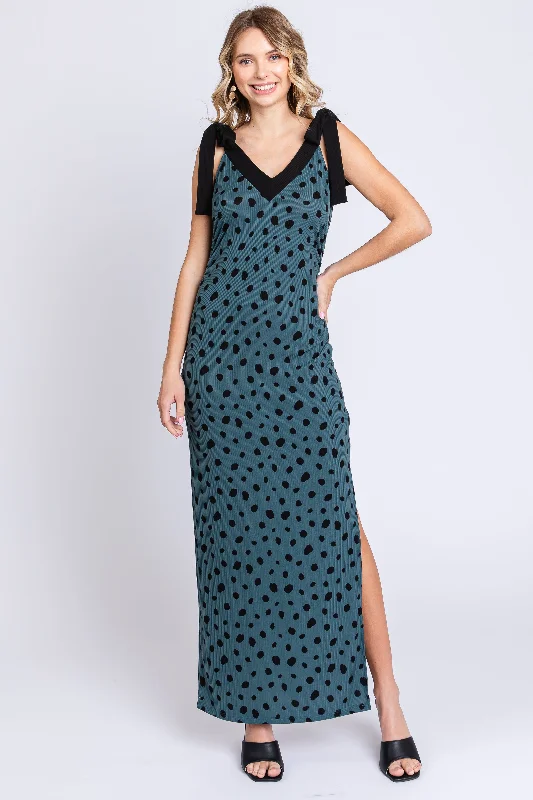 ladies-maxi-dress-tie-front-tide-Teal Ribbed Polka Dot Shoulder Tie Maxi Dress