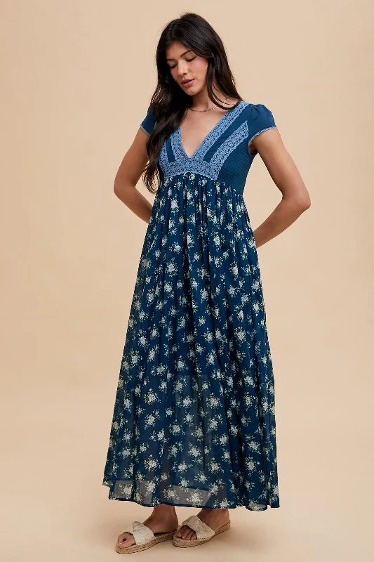 ladies-maxi-dress-slit-sunset-Navy Blue Floral Lace V-Neck Maxi Dress