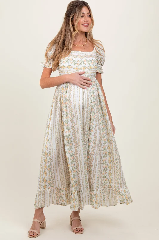 ladies-maxi-dress-pleated-prance-Peach Floral Puff Sleeve Lace Trim Maternity Maxi Dress