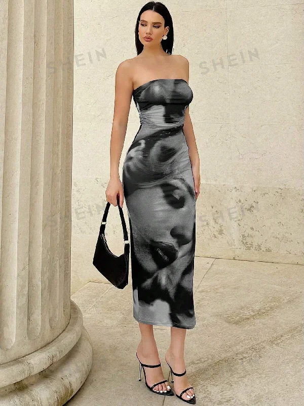 ladies-bodycon-dress-elegant-edge-Essnce Women's Retro Portrait Printed Bodycon Dress