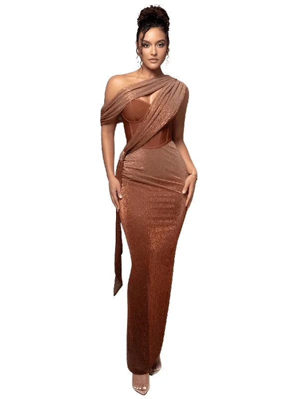 Women's party dress sew glow -Women's Sexy One Shoulder Corset Draped Long Dress Glitter Sparkly Backless Bodycon Evening Maxi Party Gowns