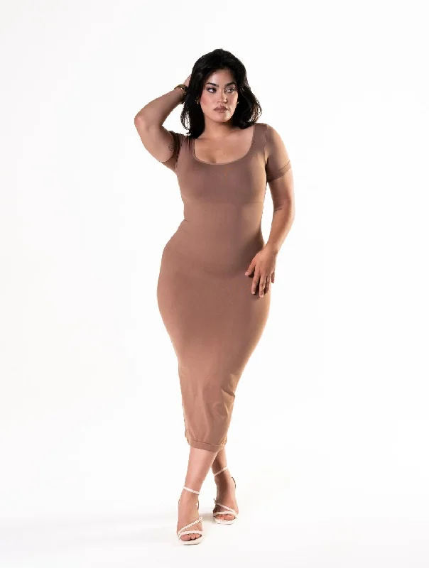 ladies-bodycon-dress-coral-cute-Bodycon Shapewear Midi Slit Dress with Short Sleeves