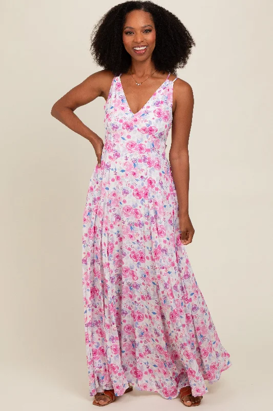 ladies-maxi-dress-slate-silk-Magenta Floral Crisscross Back Maxi Dress