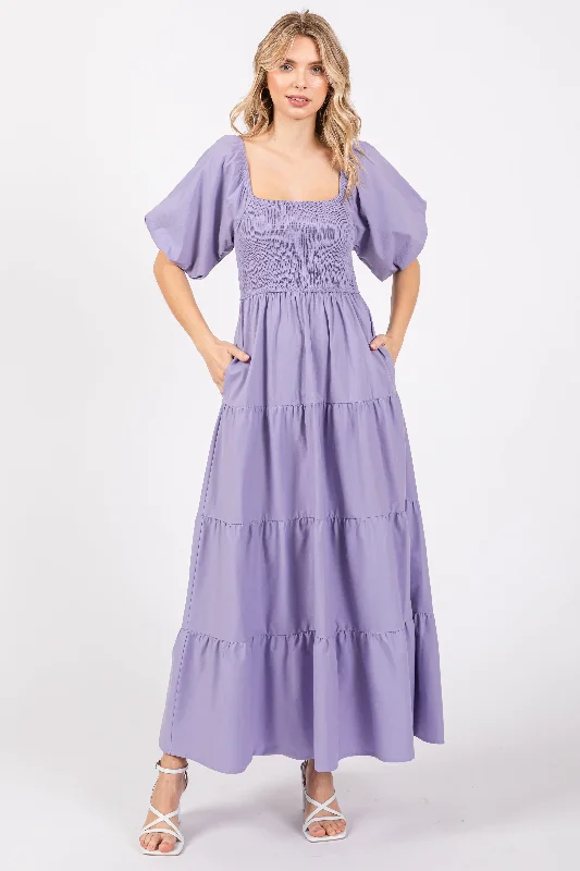 ladies-maxi-dress-cerulean-cool-Lavender Smocked Square Neck Puff Sleeve Tiered Maxi Dress