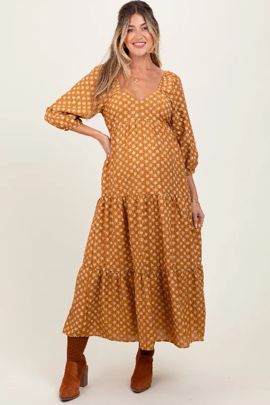 ladies-maxi-dress-petite-prance-Dark Yellow Floral Long Sleeve Tiered Maternity Maxi Dress