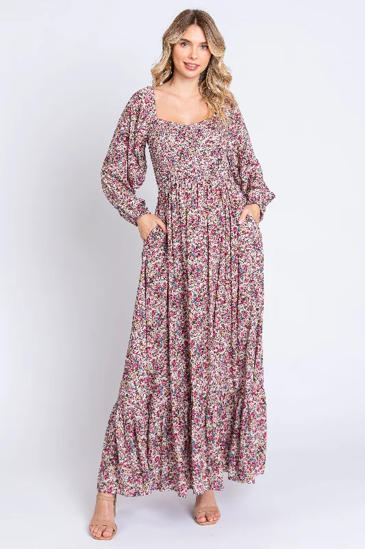 ladies-maxi-dress-solid-sophistication-Mauve Floral Long Sleeve Maxi Dress