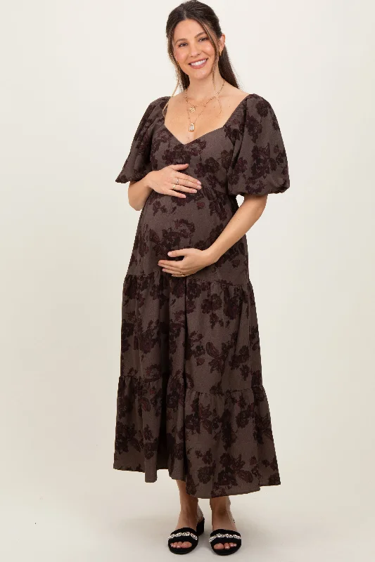 ladies-maxi-dress-berry-bloom-Taupe Floral Bubble Sleeve Tiered Maternity Maxi Dress