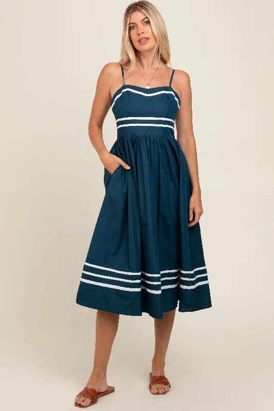 Women's midi dress fold glow -Navy Stripe Accent Midi Dress