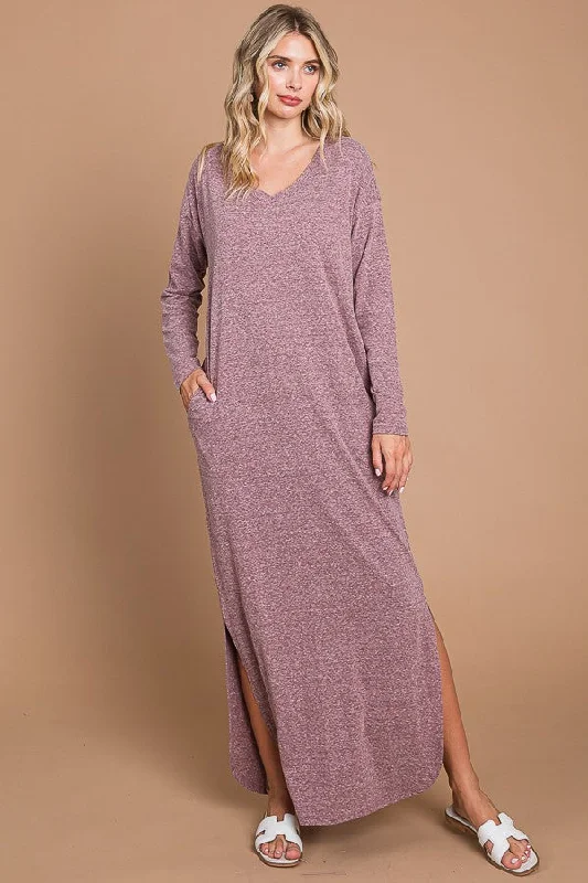 ladies-maxi-dress-summer-sunset-Plum Heathered Pocketed Long Sleeve Maxi Dress