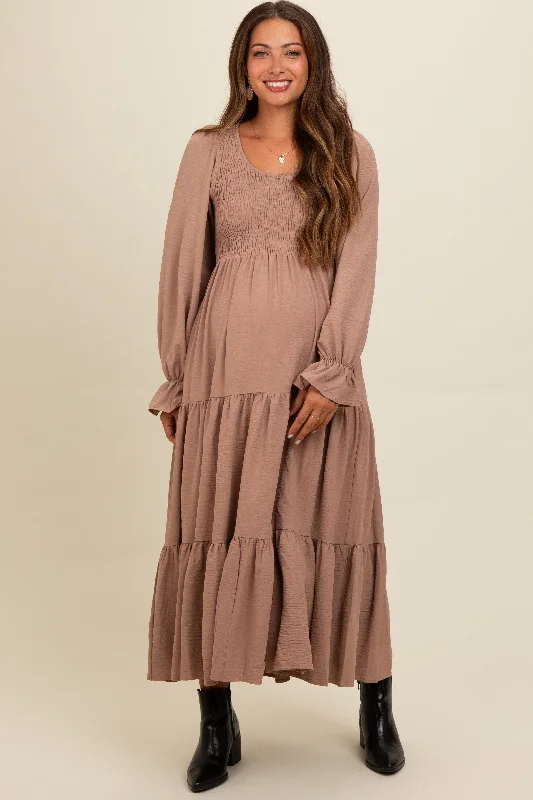 ladies-maxi-dress-casual-charm-Mocha Smocked Tiered Long Sleeve Maternity Maxi Dress