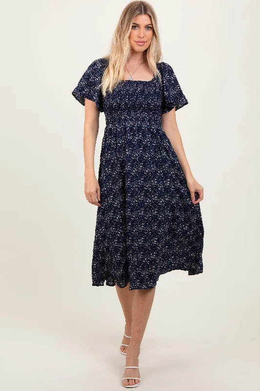 Women's midi dress gem chic -Navy Floral Square Neck Smocked Maternity Midi Dress