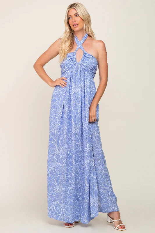 ladies-maxi-dress-sustainable-sweep-Blue Floral Halter Neck Maxi Dress