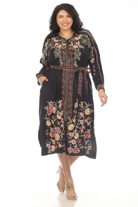 Women's midi dress heart pop -Johnny Was Biya Black Fairlie Embroidered Belted Midi Slip Dress Plus Size B37923B6X