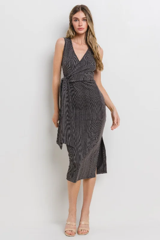 Women's midi dress stark glow -Charcoal Ribbed Wrap Midi Dress