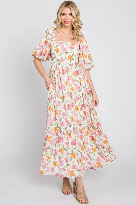 ladies-maxi-dress-tropical-tide-White Floral Puff Sleeve Maxi Dress