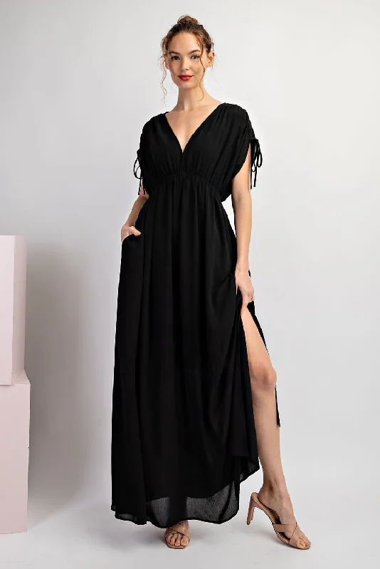 ladies-maxi-dress-backless-bloom-Black V-Neck Drawstring Short Sleeve Side Slit Maxi Dress