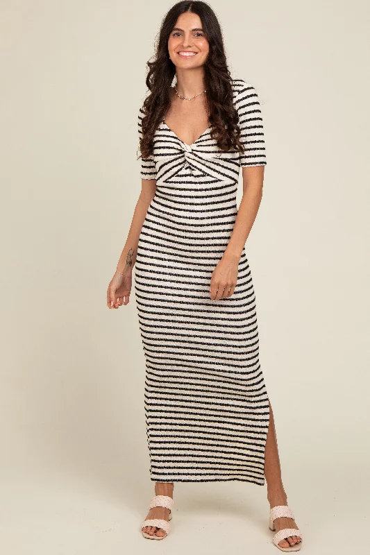 ladies-maxi-dress-smocked-sway-Ivory Black Striped Knit Short Sleeve Maxi Dress