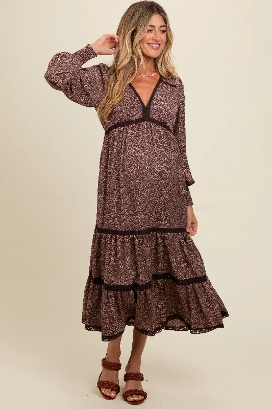 ladies-maxi-dress-neon-nimbus-Brown Floral Lace Trim Bubble Sleeve Maternity Maxi Dress