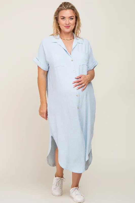 ladies-maxi-dress-claret-charm-Light Blue Button Down Hi Low Maternity Plus Maxi Dress