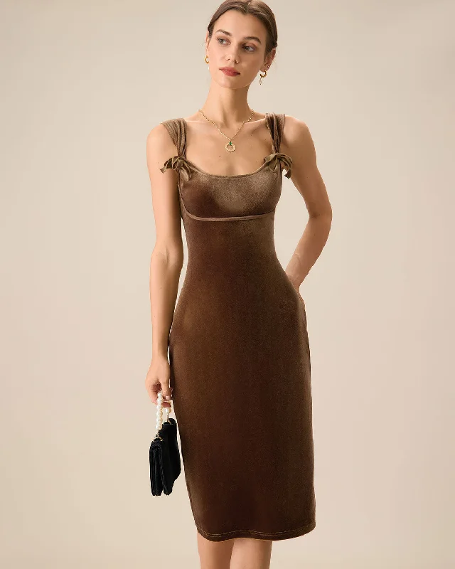 ladies-bodycon-dress-modern-moxie-Brown Velvet Bodycon Midi Dress | Brown